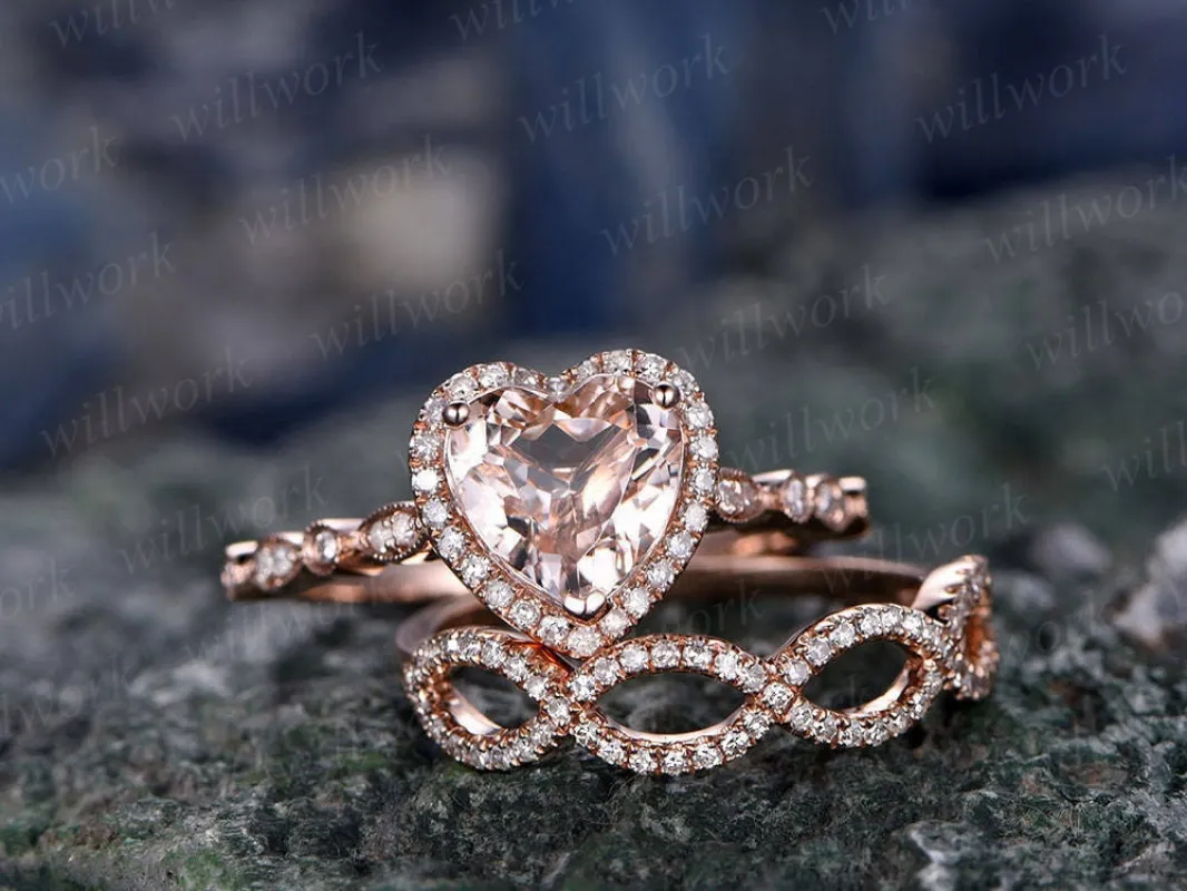 Morganite engagement ring-handmade Solid 14k Rose gold ring-Real Floral Diamond band-Heart shaped Cut gemstone promise ring-Bridal Ring set made by Willwork Jewelry