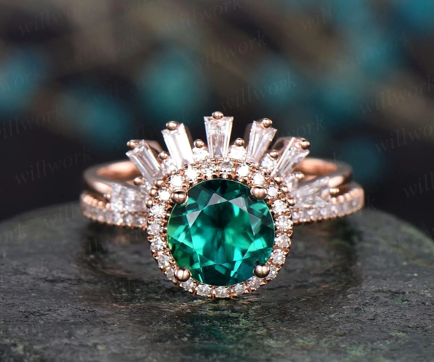 Green emerald engagement ring set rose gold real diamond ring matching stacking vintage unique crown halo wedding bridal promise ring set sold by Willwork Jewelry product image thumbnail 3