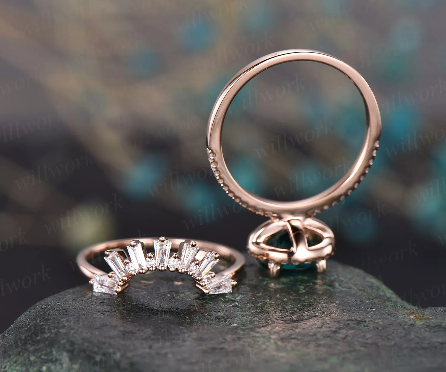 Green emerald engagement ring set rose gold real diamond ring matching stacking vintage unique crown halo wedding bridal promise ring set sold by Willwork Jewelry product image thumbnail 5