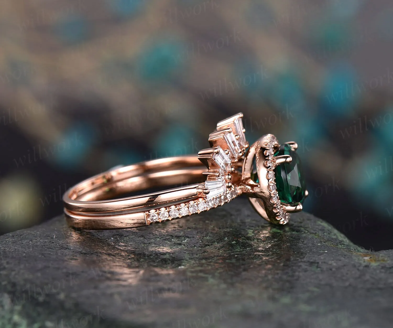 Green emerald engagement ring set rose gold real diamond ring matching stacking vintage unique crown halo wedding bridal promise ring set sold by Willwork Jewelry product image thumbnail 4