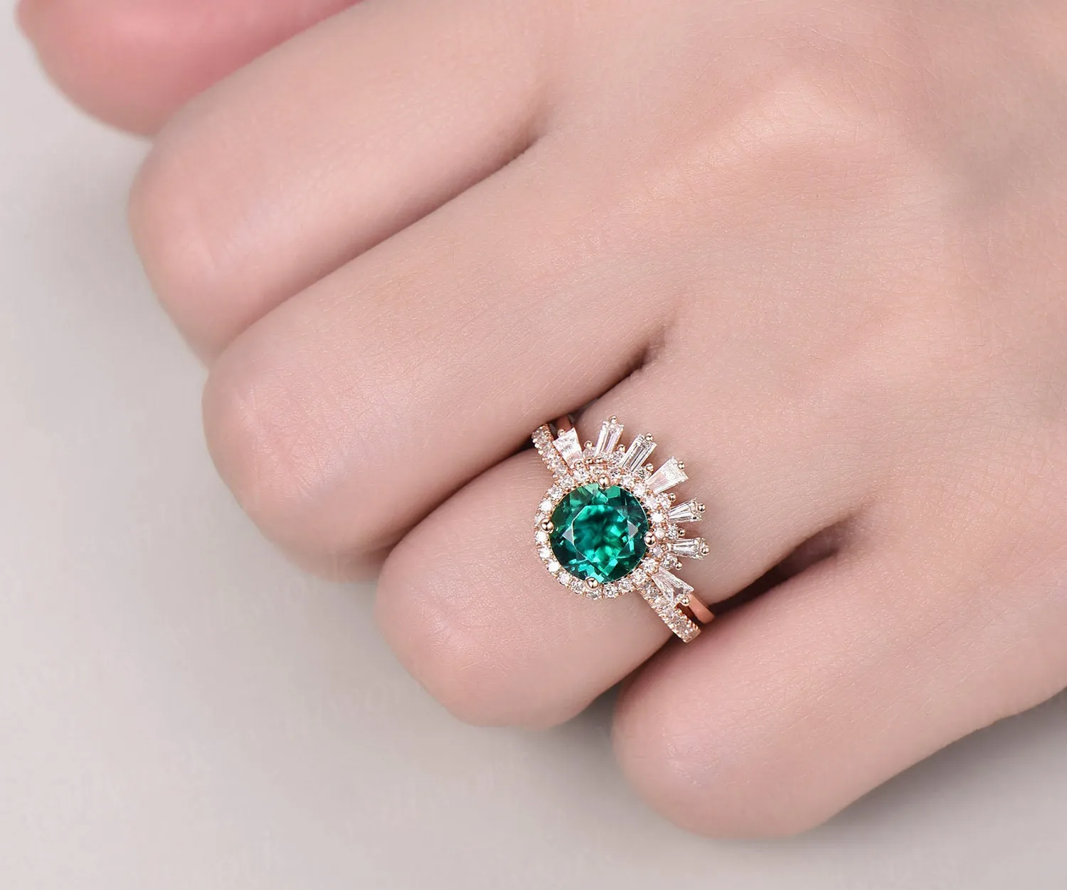 Green emerald engagement ring set rose gold real diamond ring matching stacking vintage unique crown halo wedding bridal promise ring set sold by Willwork Jewelry product image thumbnail 2