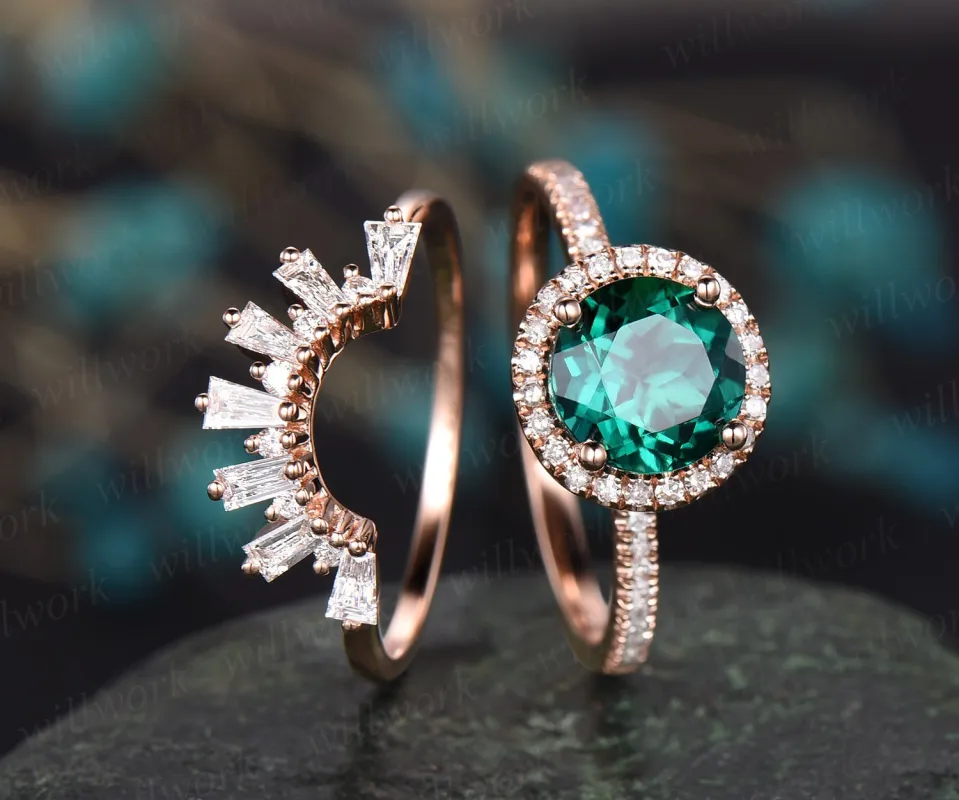 Green emerald engagement ring set rose gold real diamond ring matching stacking vintage unique crown halo wedding bridal promise ring set sold by Willwork Jewelry