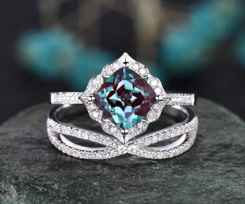 Vintage flower diamond wedding bridal set 2pcs cushion Alexandrite ring set June birthstone ring engagement ring set solid 14k rose gold sold by Willwork Jewelry