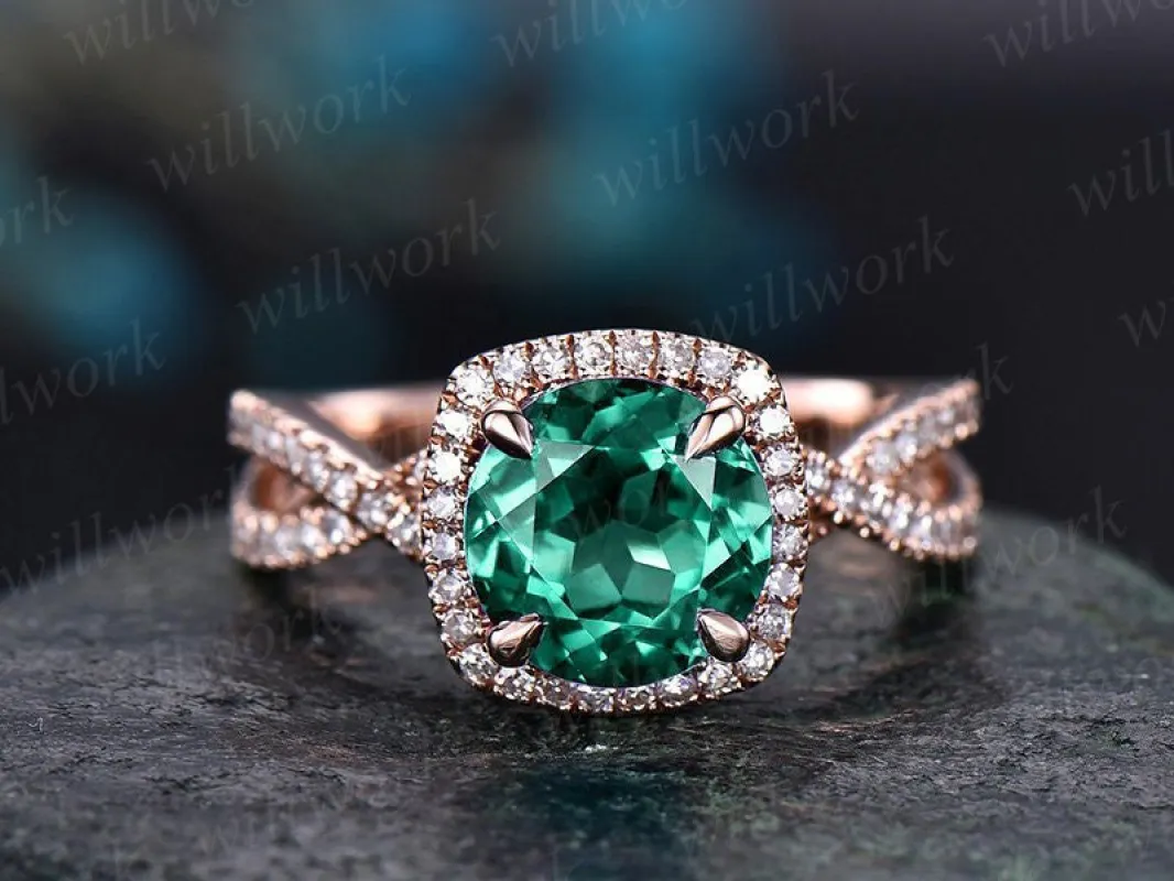 May birthstone ring infinity diamond halo ring green emerald engagement ring rose gold round emerald ring gold vintage unique wedding ring sold by Willwork Jewelry