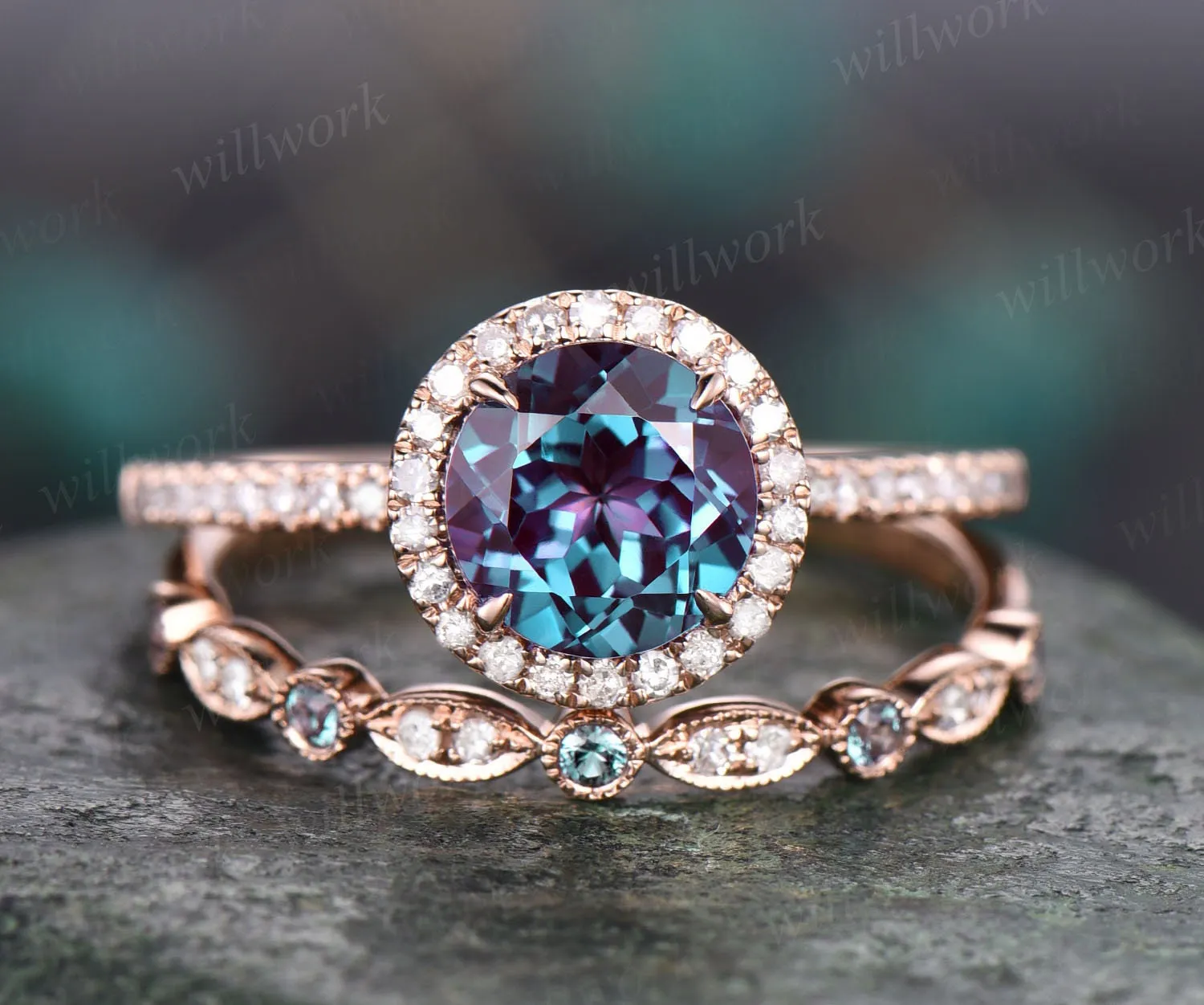 Round cut Alexandrite engagement ring set diamond halo ring Alexandrite wedding band rose gold ring women bridal set color change stone ring sold by Willwork Jewelry product image thumbnail 3