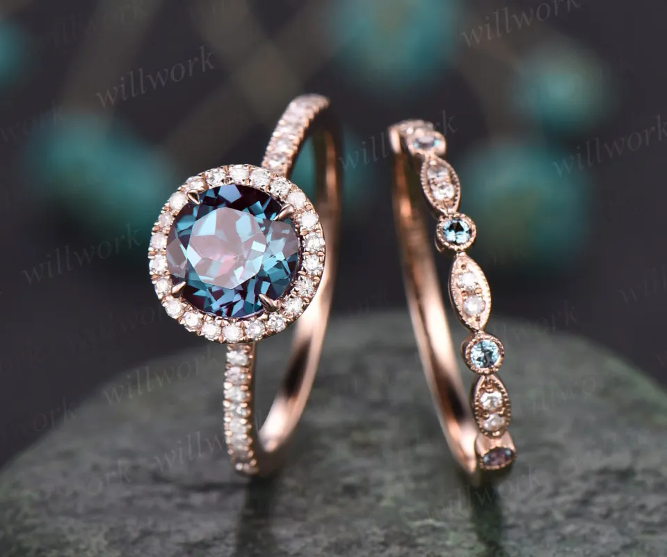 Round cut Alexandrite engagement ring set diamond halo ring Alexandrite wedding band rose gold ring women bridal set color change stone ring sold by Willwork Jewelry