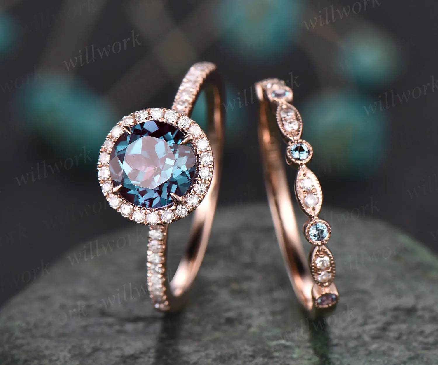 Round cut Alexandrite engagement ring set diamond halo ring Alexandrite wedding band rose gold ring women bridal set color change stone ring sold by Willwork Jewelry