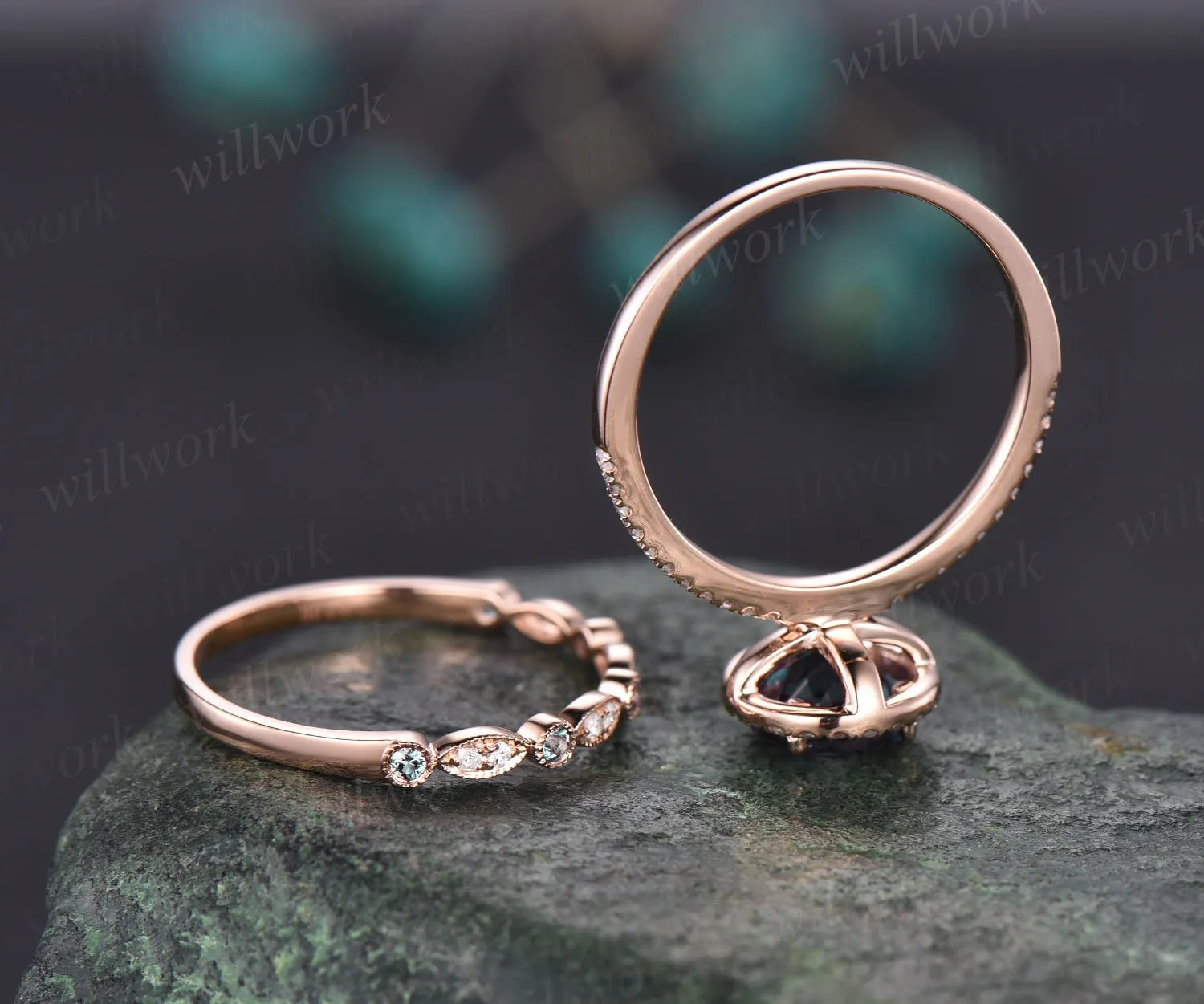 Round cut Alexandrite engagement ring set diamond halo ring Alexandrite wedding band rose gold ring women bridal set color change stone ring sold by Willwork Jewelry product image thumbnail 5