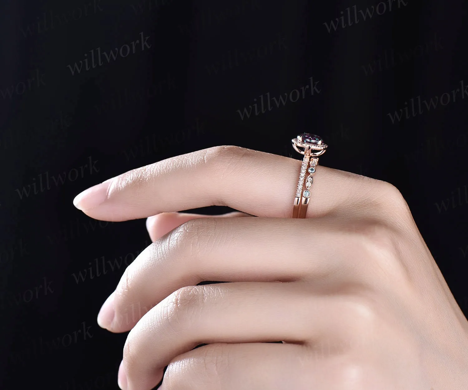 Round cut Alexandrite engagement ring set diamond halo ring Alexandrite wedding band rose gold ring women bridal set color change stone ring sold by Willwork Jewelry product image thumbnail 4