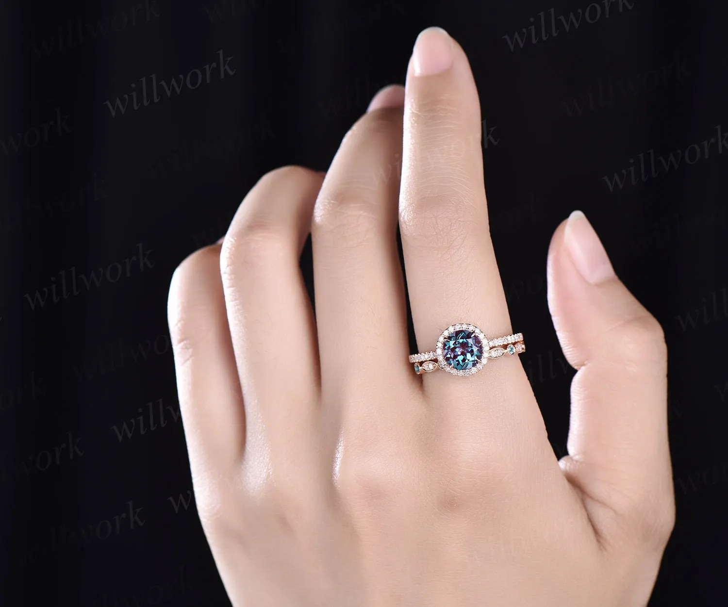 Round cut Alexandrite engagement ring set diamond halo ring Alexandrite wedding band rose gold ring women bridal set color change stone ring sold by Willwork Jewelry product image thumbnail 2