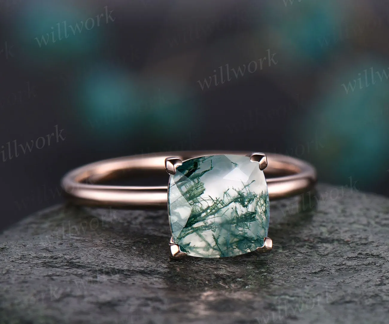 Vintage moss agate engagement ring cushion cut moss agate ring solitaire rose gold ring for women dainty jewelry organic stone ring gift sold by Willwork Jewelry product image thumbnail 3