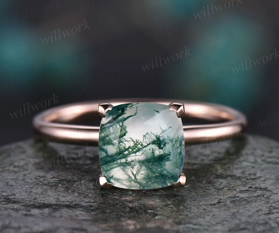 Vintage moss agate engagement ring cushion cut moss agate ring solitaire rose gold ring for women dainty jewelry organic stone ring gift sold by Willwork Jewelry