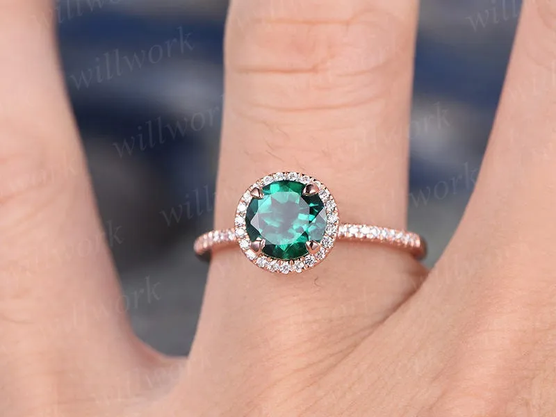 Green emerald engagement ring 14k rose gold handmade diamond ring unique vintage gift halo anniversary wedding bridal promise ring for her sold by Willwork Jewelry product image thumbnail 2