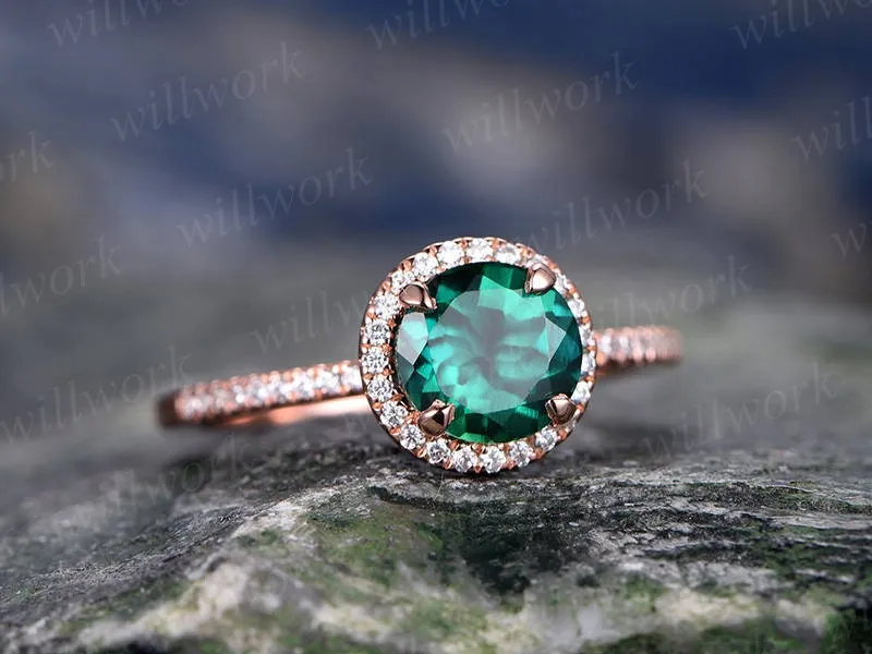 Green emerald engagement ring 14k rose gold handmade diamond ring unique vintage gift halo anniversary wedding bridal promise ring for her sold by Willwork Jewelry product image thumbnail 3