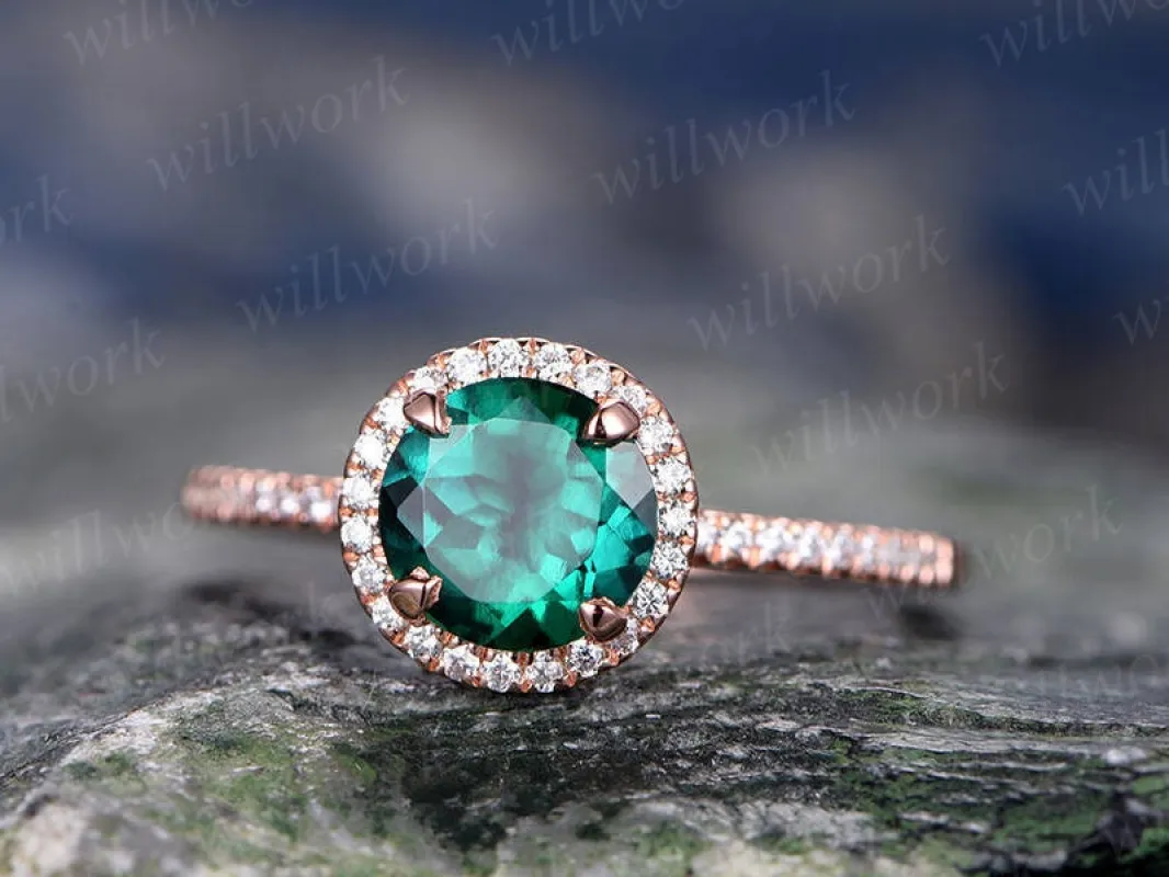 Green emerald engagement ring 14k rose gold handmade diamond ring unique vintage gift halo anniversary wedding bridal promise ring for her sold by Willwork Jewelry