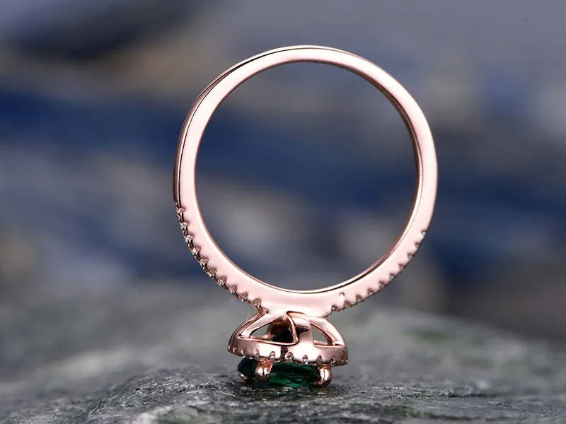 Green emerald engagement ring 14k rose gold handmade diamond ring unique vintage gift halo anniversary wedding bridal promise ring for her sold by Willwork Jewelry product image thumbnail 5