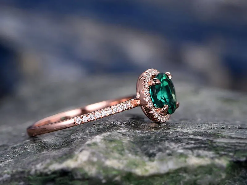 Green emerald engagement ring 14k rose gold handmade diamond ring unique vintage gift halo anniversary wedding bridal promise ring for her sold by Willwork Jewelry product image thumbnail 4