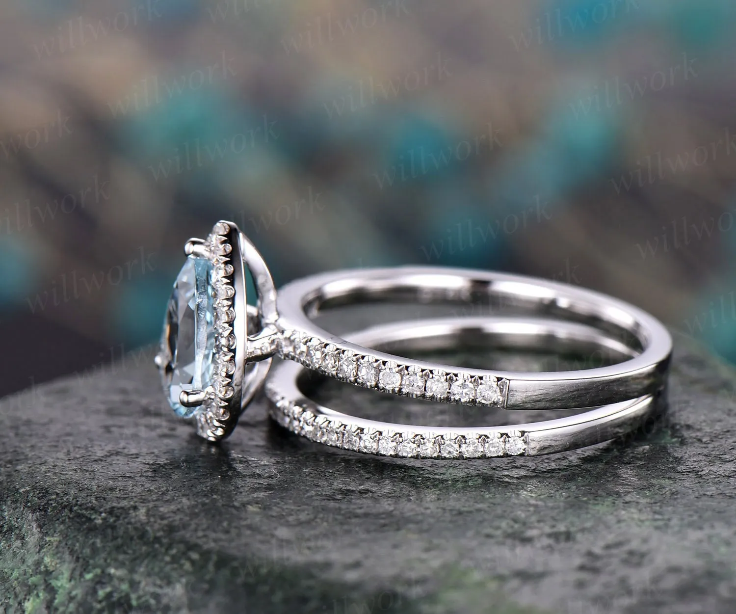 Pear cut aquamarine engagement ring set 14k white gold 2pc diamond halo ring matching antique jewelry gift wedding bridal promise ring set sold by Willwork Jewelry product image thumbnail 4