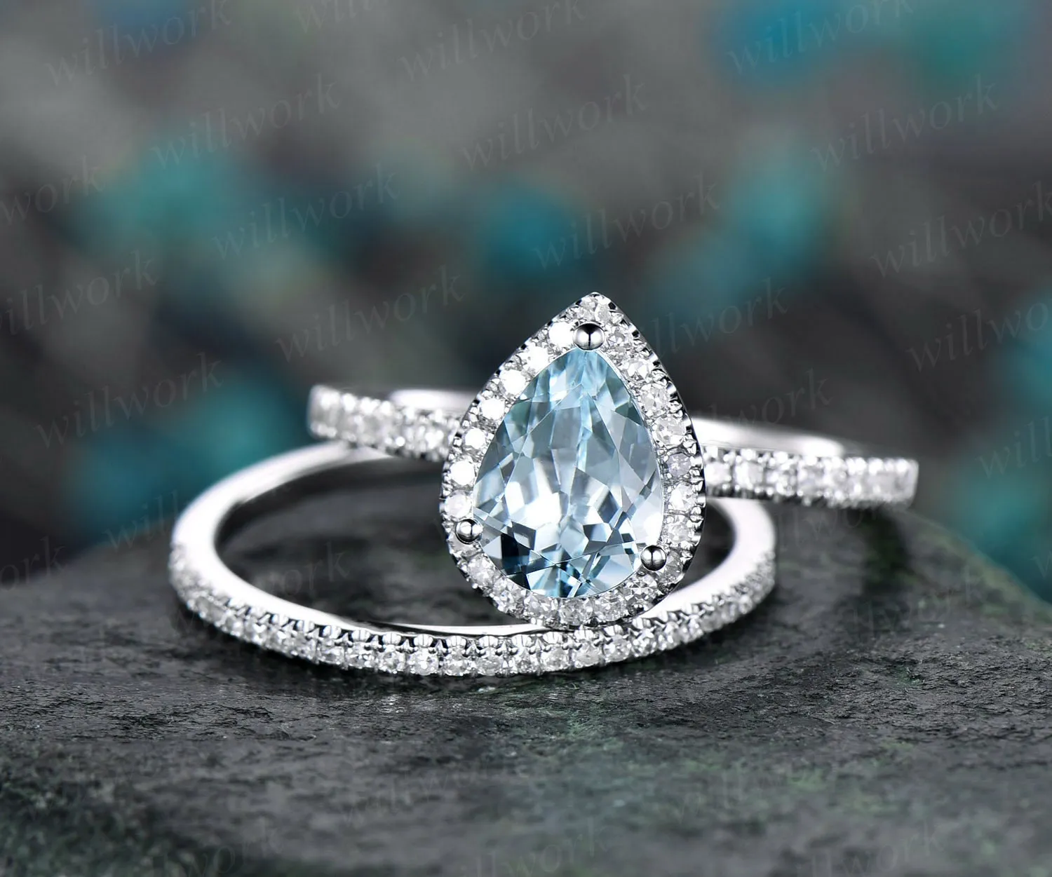Pear cut aquamarine engagement ring set 14k white gold 2pc diamond halo ring matching antique jewelry gift wedding bridal promise ring set sold by Willwork Jewelry product image thumbnail 3