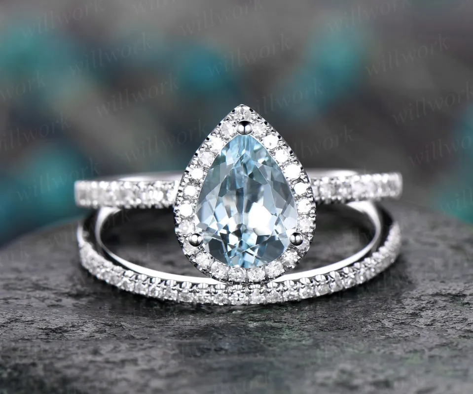 Pear cut aquamarine engagement ring set 14k white gold 2pc diamond halo ring matching antique jewelry gift wedding bridal promise ring set sold by Willwork Jewelry