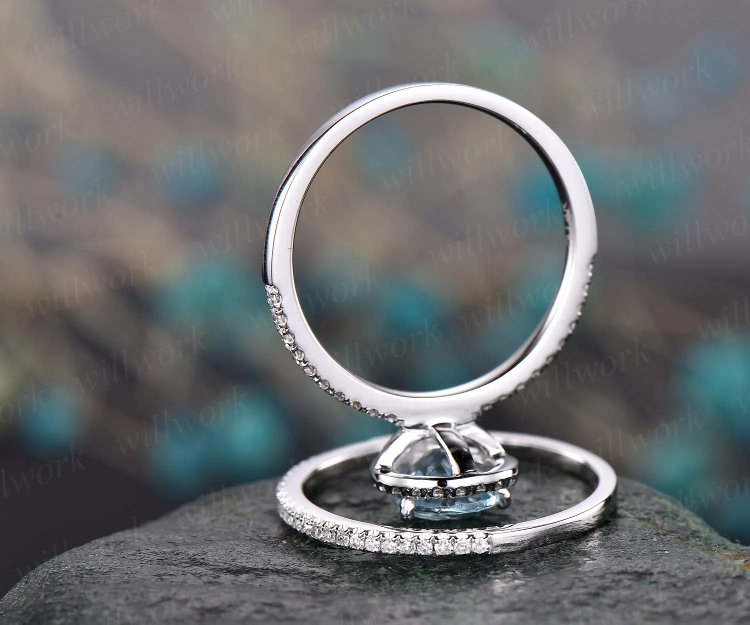 Pear cut aquamarine engagement ring set 14k white gold 2pc diamond halo ring matching antique jewelry gift wedding bridal promise ring set sold by Willwork Jewelry product image thumbnail 5