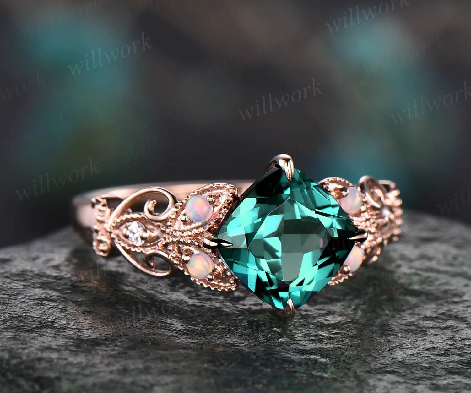 Cushion cut emerald engagement ring 14k rose gold butterfly flower unique vintage engagement ring opal diamond ring for women wedding ring sold by Willwork Jewelry