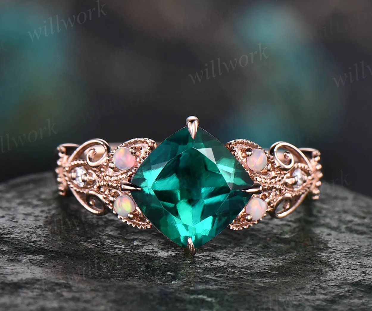 Cushion cut emerald engagement ring 14k rose gold butterfly flower unique vintage engagement ring opal diamond ring for women wedding ring sold by Willwork Jewelry product image thumbnail 3
