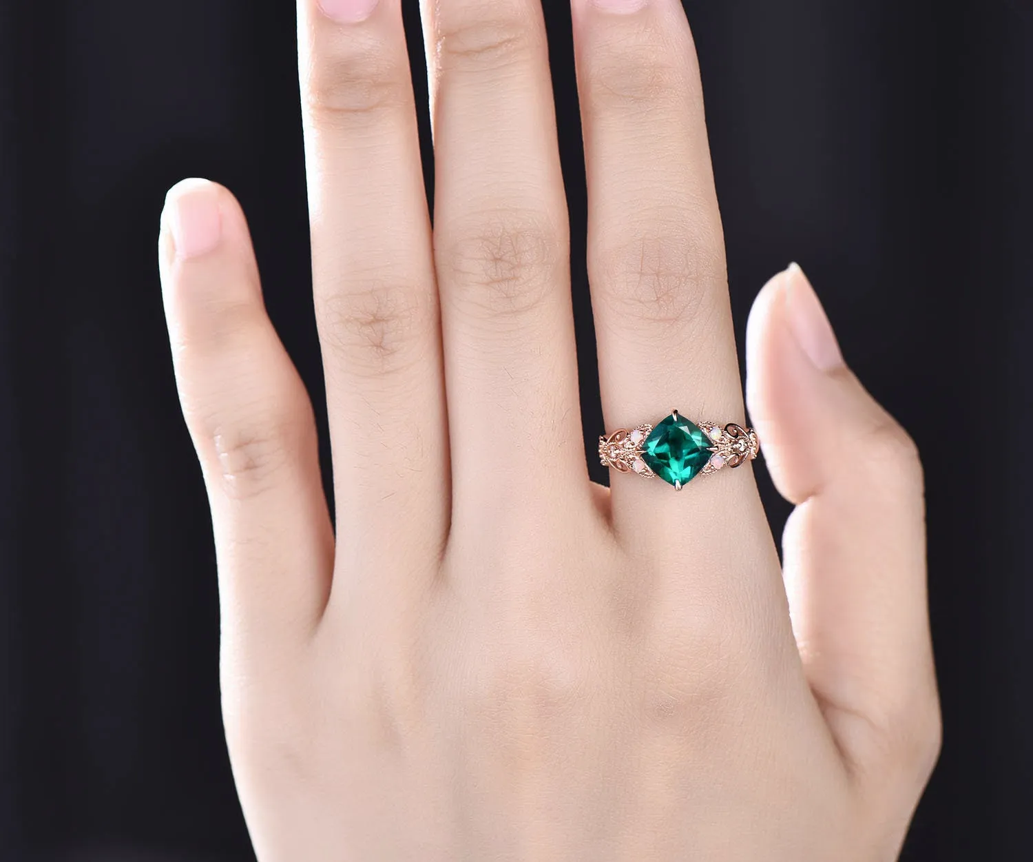 Cushion cut emerald engagement ring 14k rose gold butterfly flower unique vintage engagement ring opal diamond ring for women wedding ring sold by Willwork Jewelry product image thumbnail 2