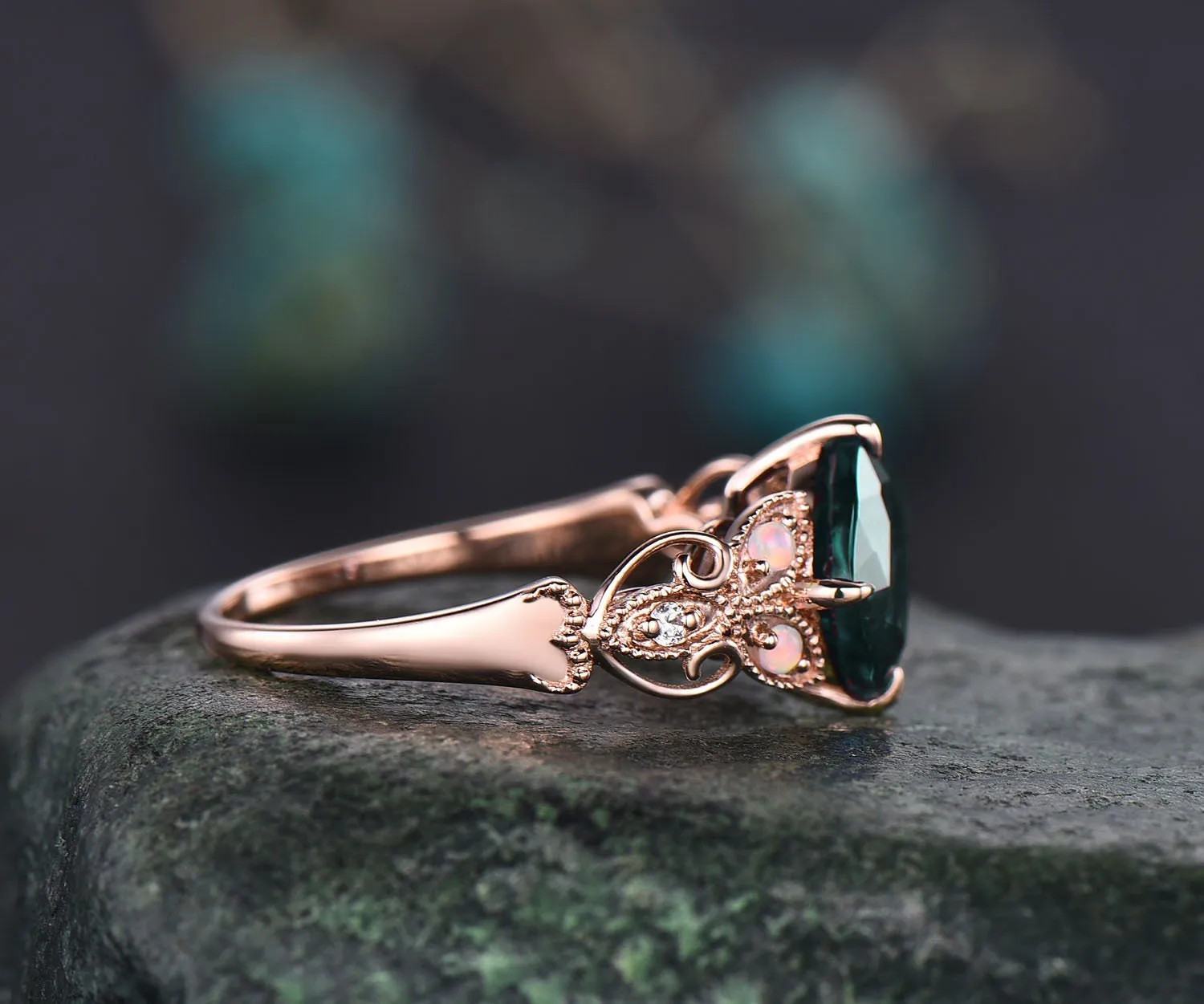 Cushion cut emerald engagement ring 14k rose gold butterfly flower unique vintage engagement ring opal diamond ring for women wedding ring sold by Willwork Jewelry product image thumbnail 5
