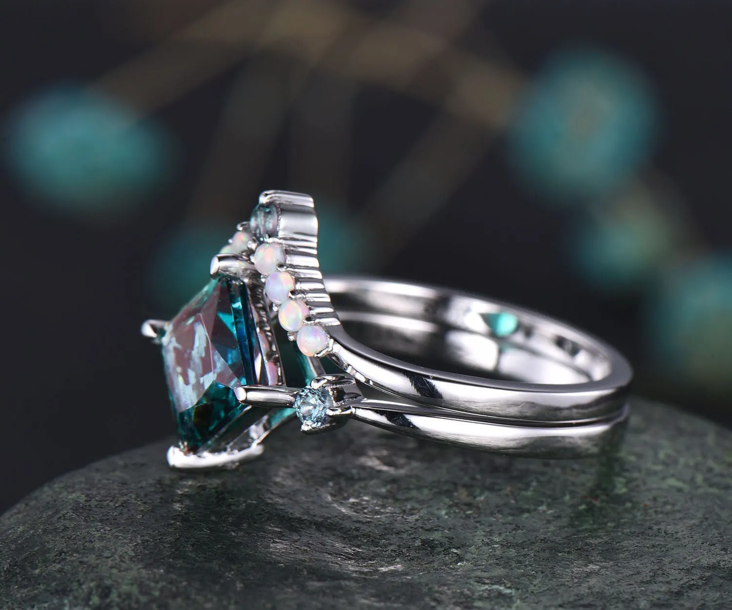 Princess cut Alexandrite engagement ring set vintage opal ring set white gold ring set color change stone ring women dainty jewelry gift sold by Willwork Jewelry product image thumbnail 5