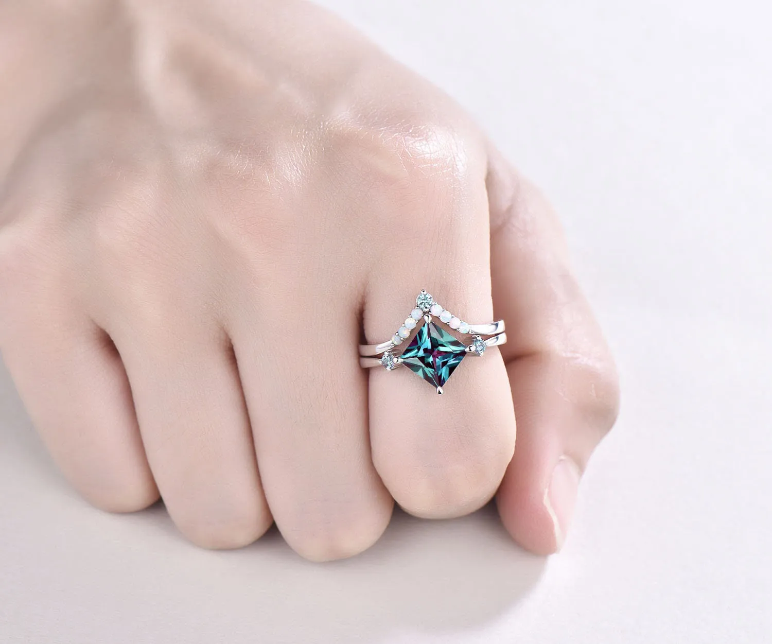 Princess cut Alexandrite engagement ring set vintage opal ring set white gold ring set color change stone ring women dainty jewelry gift sold by Willwork Jewelry product image thumbnail 2