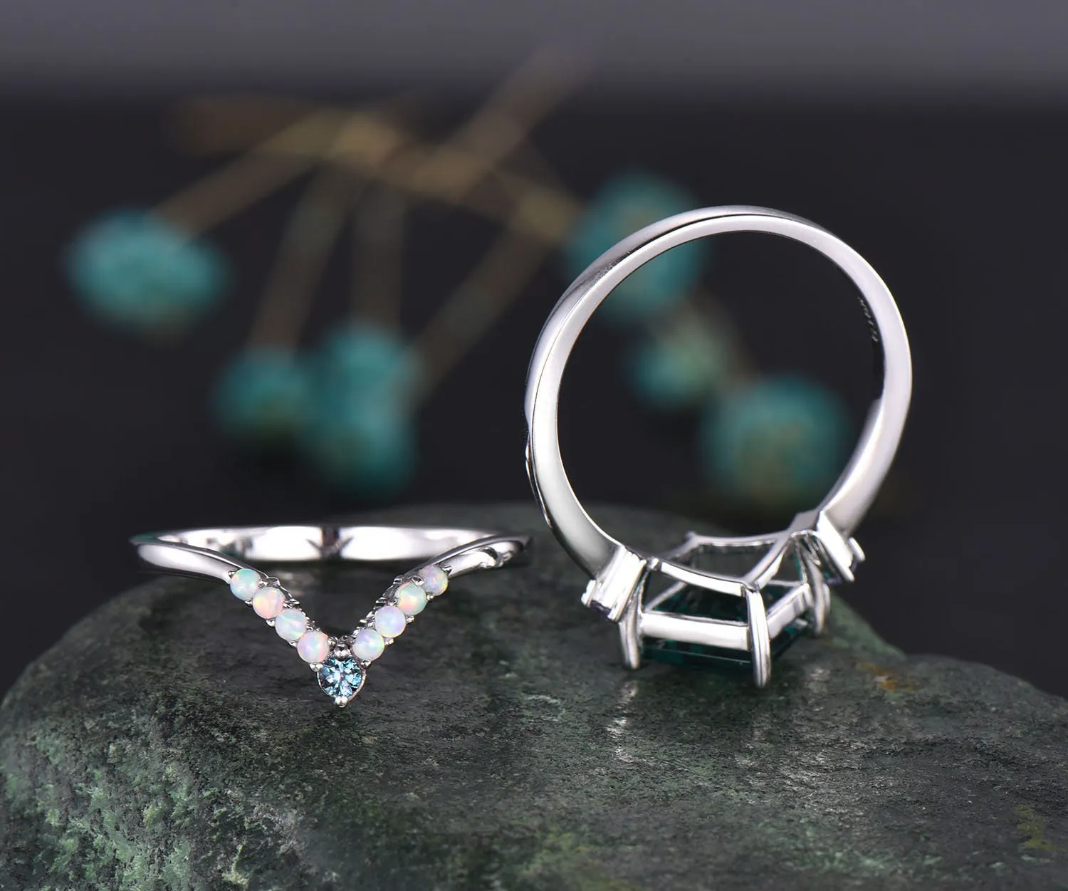 Princess cut Alexandrite engagement ring set vintage opal ring set white gold ring set color change stone ring women dainty jewelry gift sold by Willwork Jewelry product image thumbnail 4