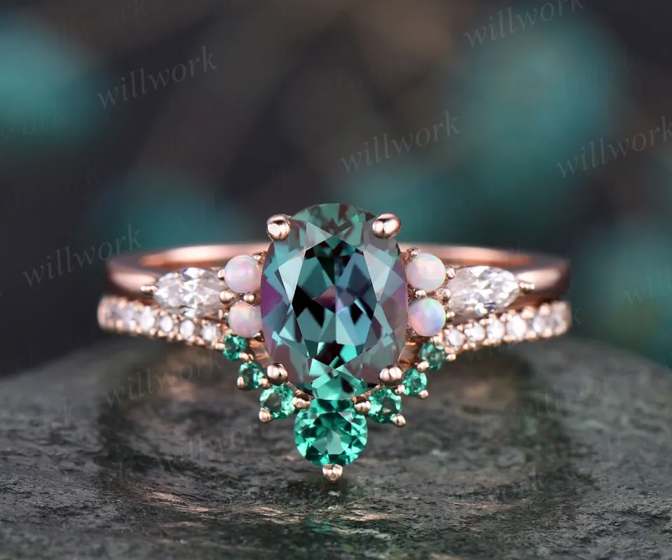 Oval Alexandrite wedding set vintage Alexandrite engagement ring set opal ring set emerald ring set diamond ring set women rose gold ring sold by Willwork Jewelry