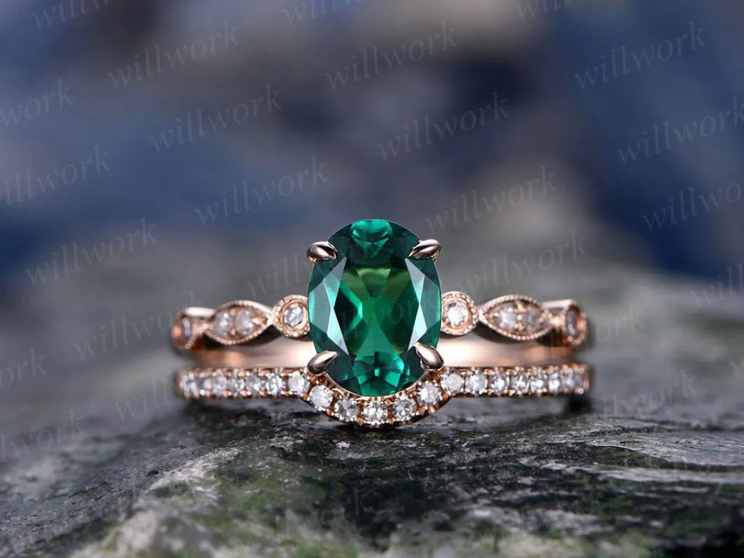 Emerald engagement ring set solid 14k rose gold diamond ring 2pcs oval matching antique marquise wedding bridal promise ring set for her sold by Willwork Jewelry