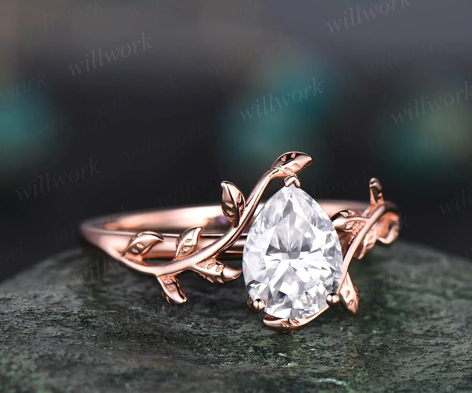 Vintage pear shaped moissanite engagement ring leaf flower solitaire unique rose gold engagement ring antique bridal wedding ring for women sold by Willwork Jewelry product image thumbnail 3