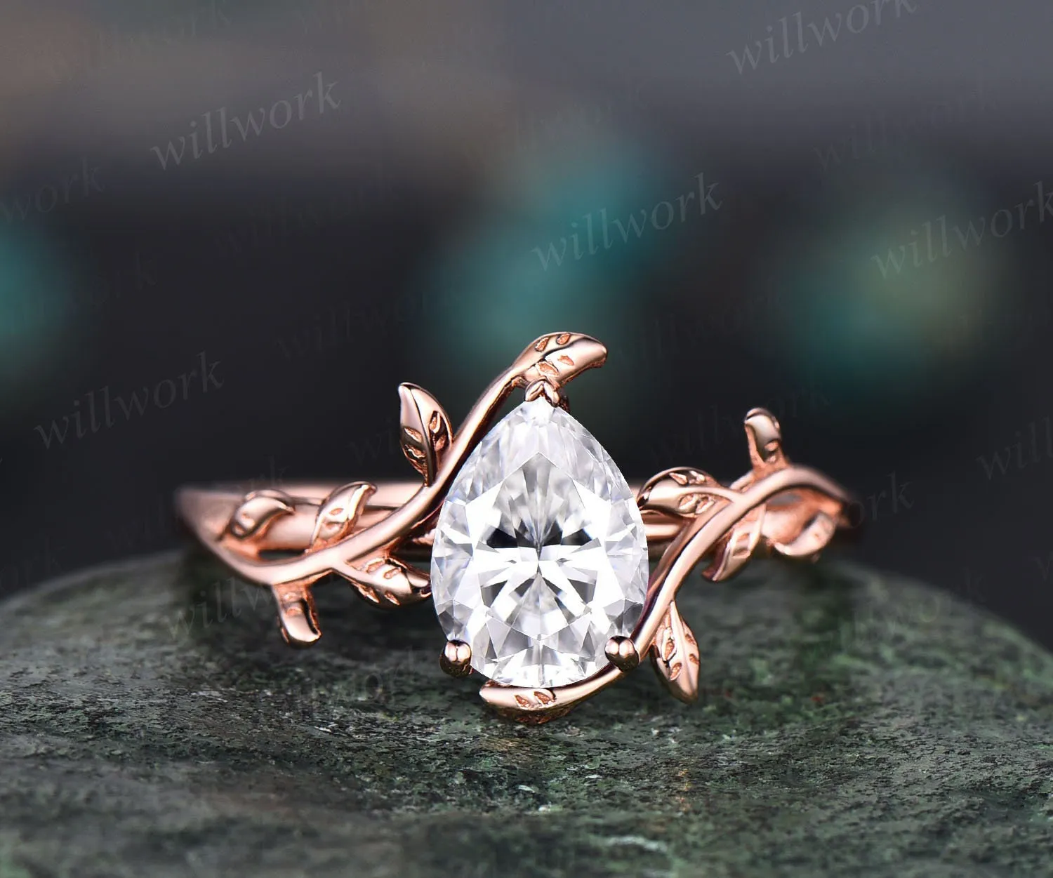 Vintage pear shaped moissanite engagement ring leaf flower solitaire unique rose gold engagement ring antique bridal wedding ring for women sold by Willwork Jewelry