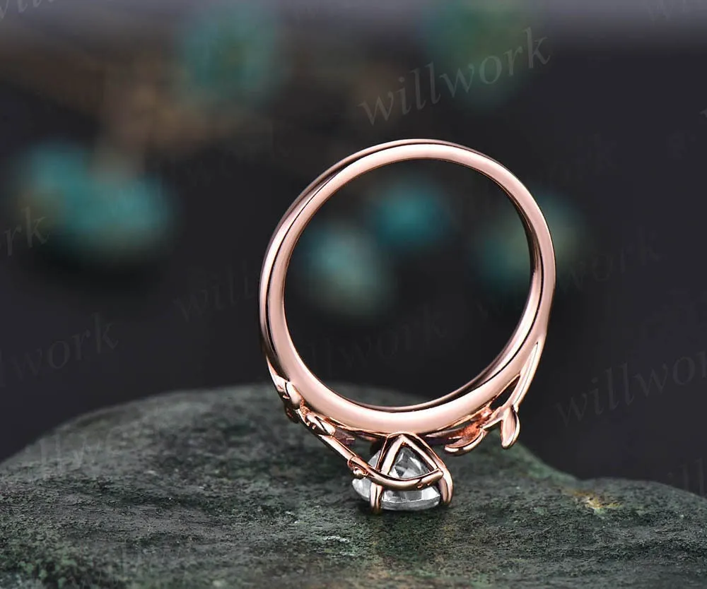 Vintage pear shaped moissanite engagement ring leaf flower solitaire unique rose gold engagement ring antique bridal wedding ring for women sold by Willwork Jewelry product image thumbnail 5