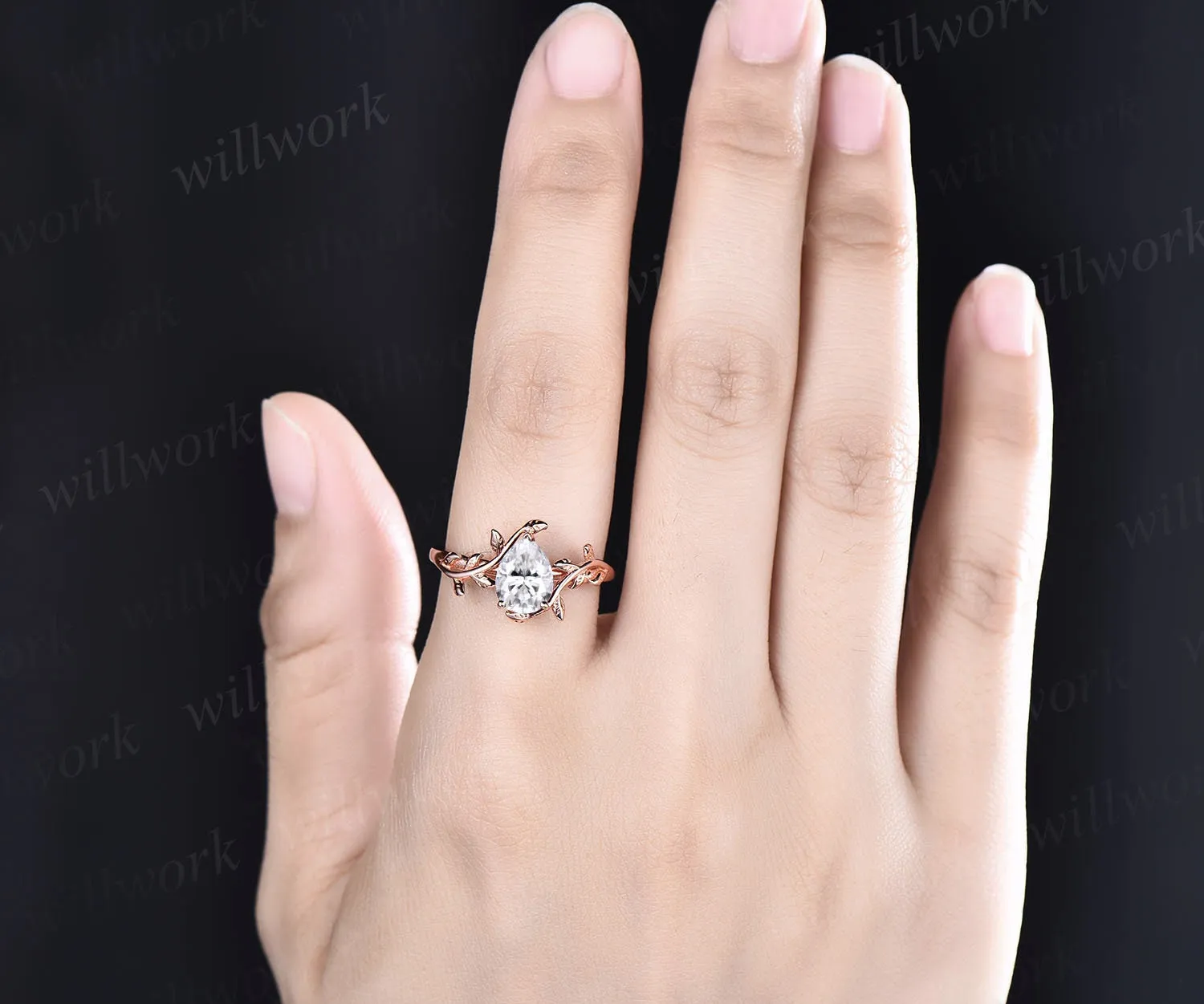 Vintage pear shaped moissanite engagement ring leaf flower solitaire unique rose gold engagement ring antique bridal wedding ring for women sold by Willwork Jewelry product image thumbnail 2