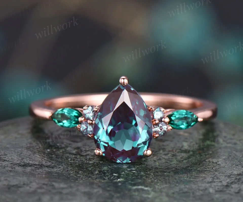 Teardrop shape Alexandrite engagement ring vintage Alexandrite jewelry marquise emerald ring for women rose gold dainty ring unique ring made by Willwork Jewelry