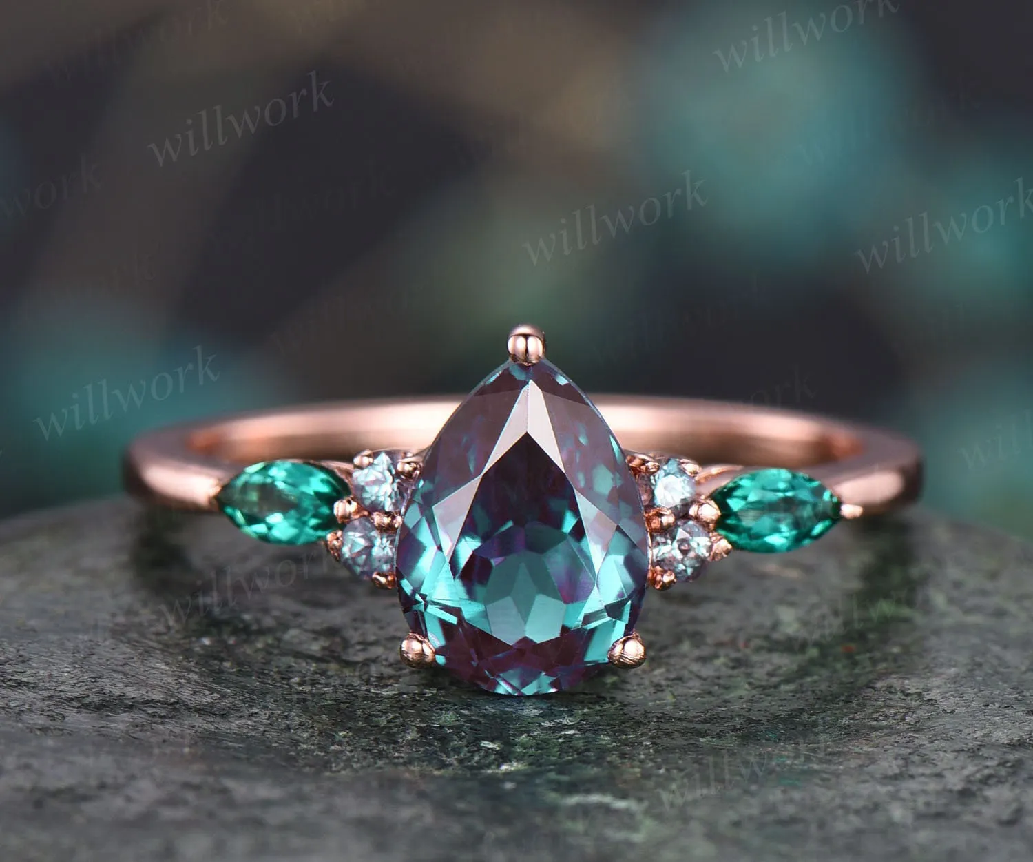 Teardrop shape Alexandrite engagement ring vintage Alexandrite jewelry marquise emerald ring for women rose gold dainty ring unique ring sold by Willwork Jewelry