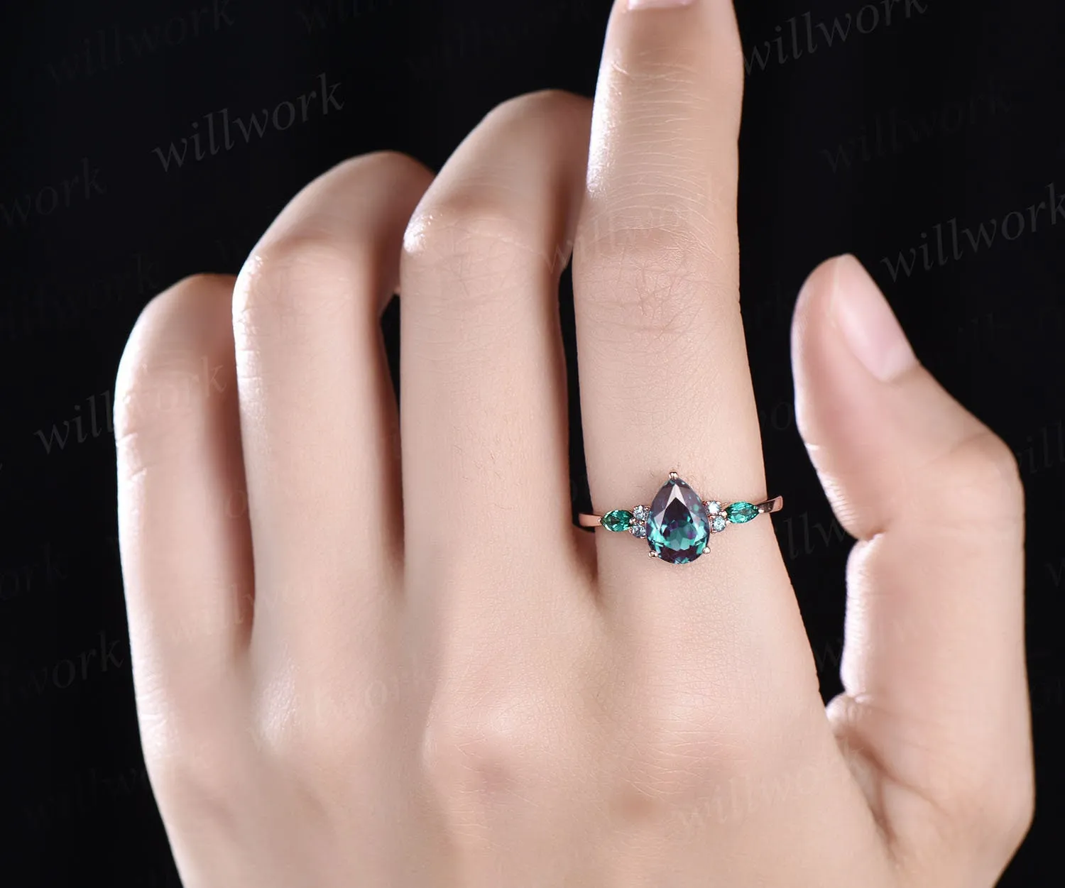 Teardrop shape Alexandrite engagement ring vintage Alexandrite jewelry marquise emerald ring for women rose gold dainty ring unique ring sold by Willwork Jewelry product image thumbnail 2
