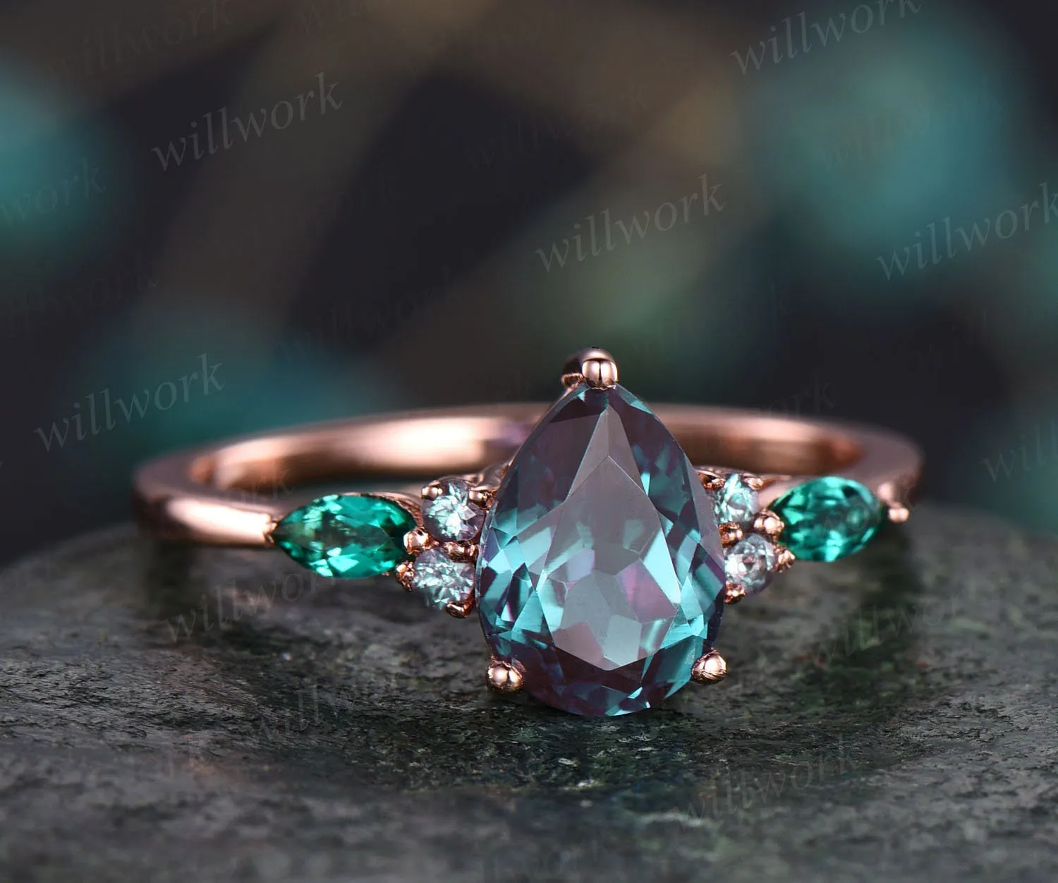 Teardrop shape Alexandrite engagement ring vintage Alexandrite jewelry marquise emerald ring for women rose gold dainty ring unique ring sold by Willwork Jewelry product image thumbnail 3