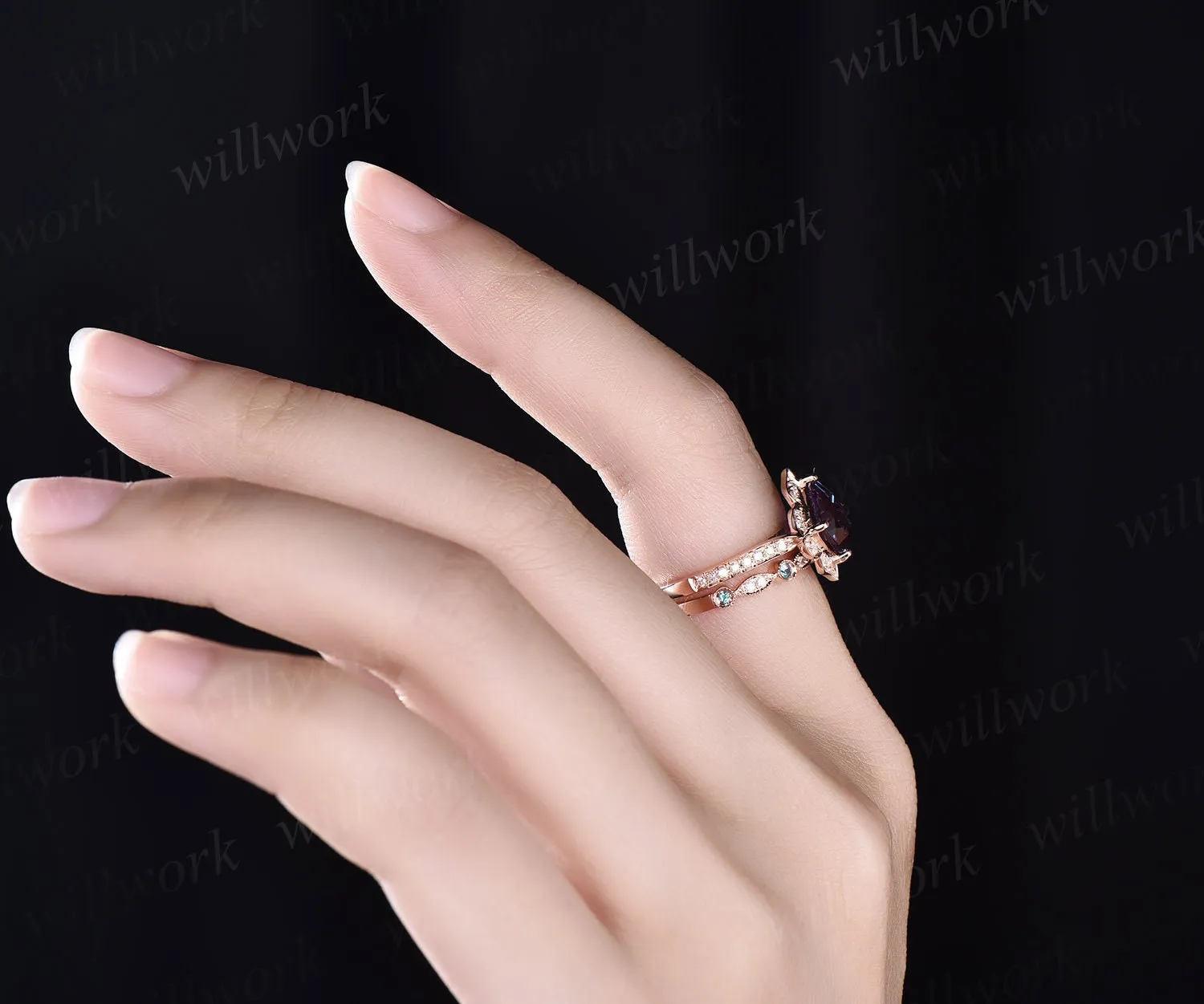 Cushion cut Alexandrite engagement ring set halo flower unique vintage diamond rose gold engagement ring wedding ring set for women jewelry sold by Willwork Jewelry product image thumbnail 4
