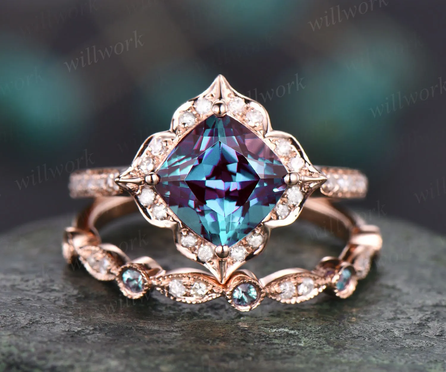 Cushion cut Alexandrite engagement ring set halo flower unique vintage diamond rose gold engagement ring wedding ring set for women jewelry sold by Willwork Jewelry product image thumbnail 3