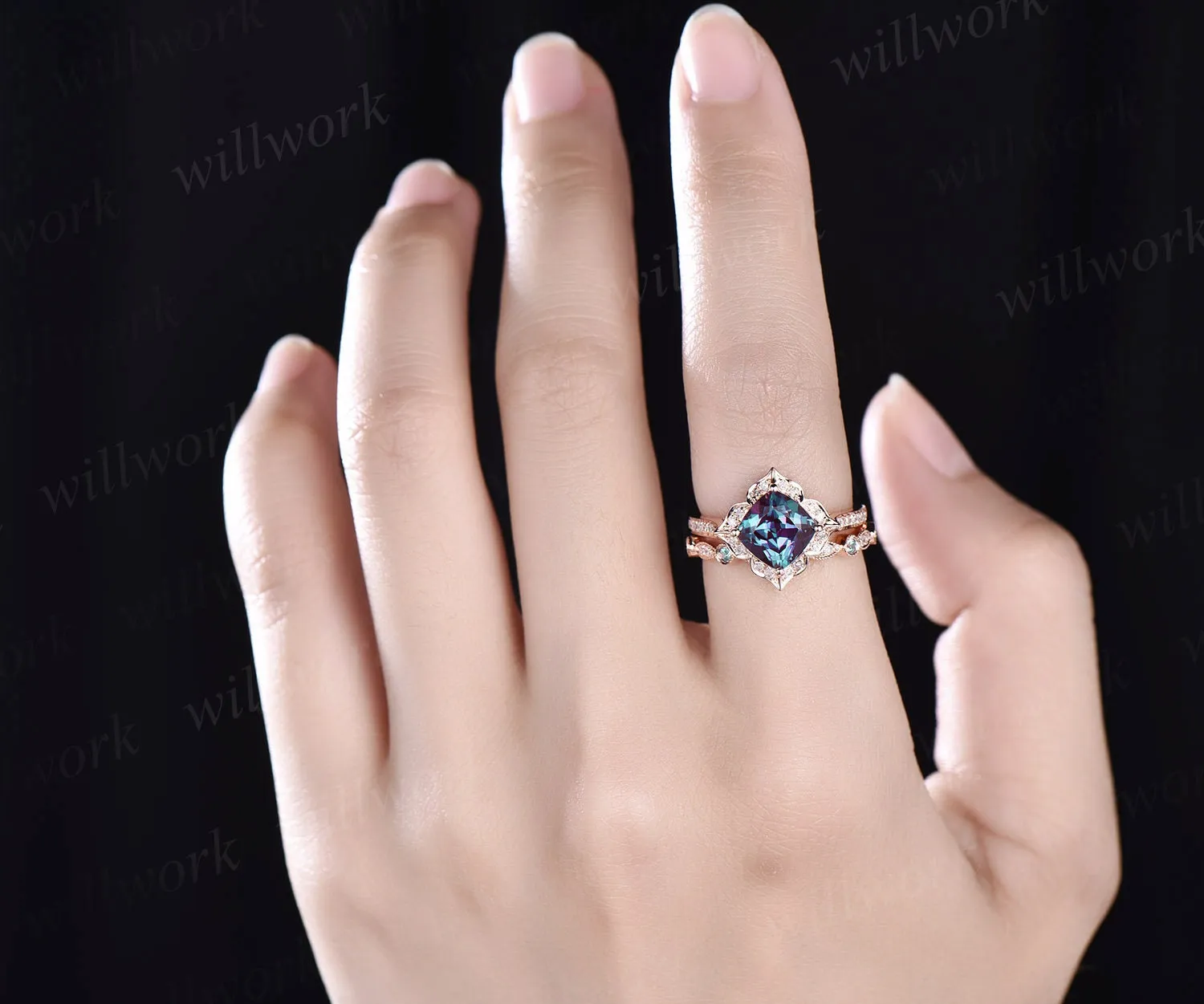 Cushion cut Alexandrite engagement ring set halo flower unique vintage diamond rose gold engagement ring wedding ring set for women jewelry sold by Willwork Jewelry product image thumbnail 2