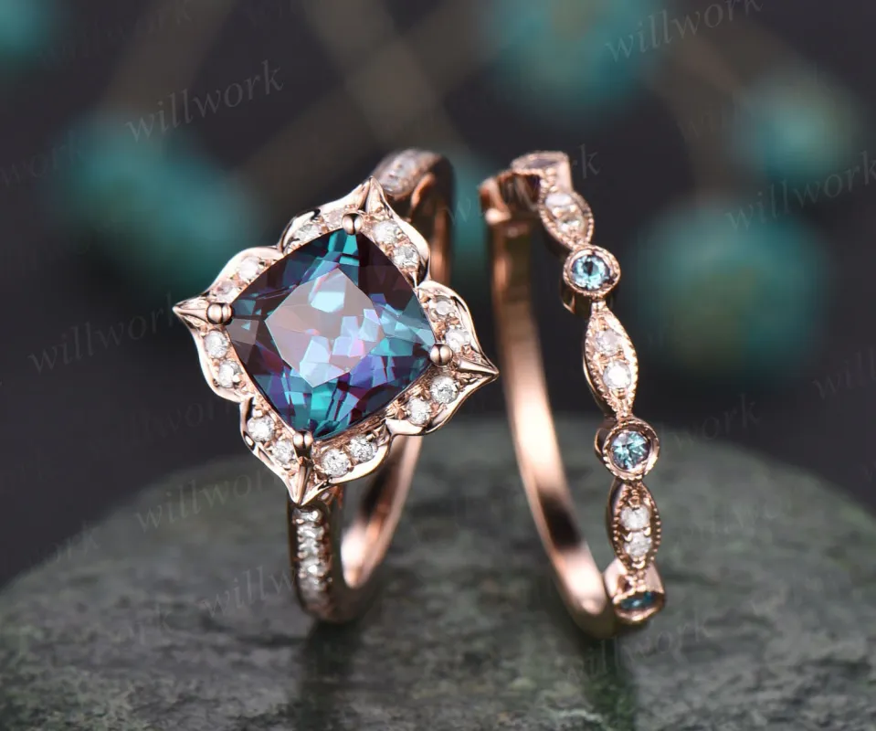 Cushion cut Alexandrite engagement ring set halo flower unique vintage diamond rose gold engagement ring wedding ring set for women jewelry sold by Willwork Jewelry