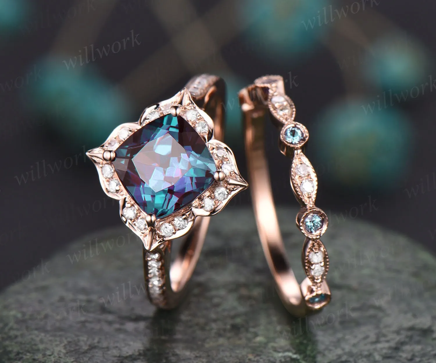 Cushion cut Alexandrite engagement ring set halo flower unique vintage diamond rose gold engagement ring wedding ring set for women jewelry sold by Willwork Jewelry