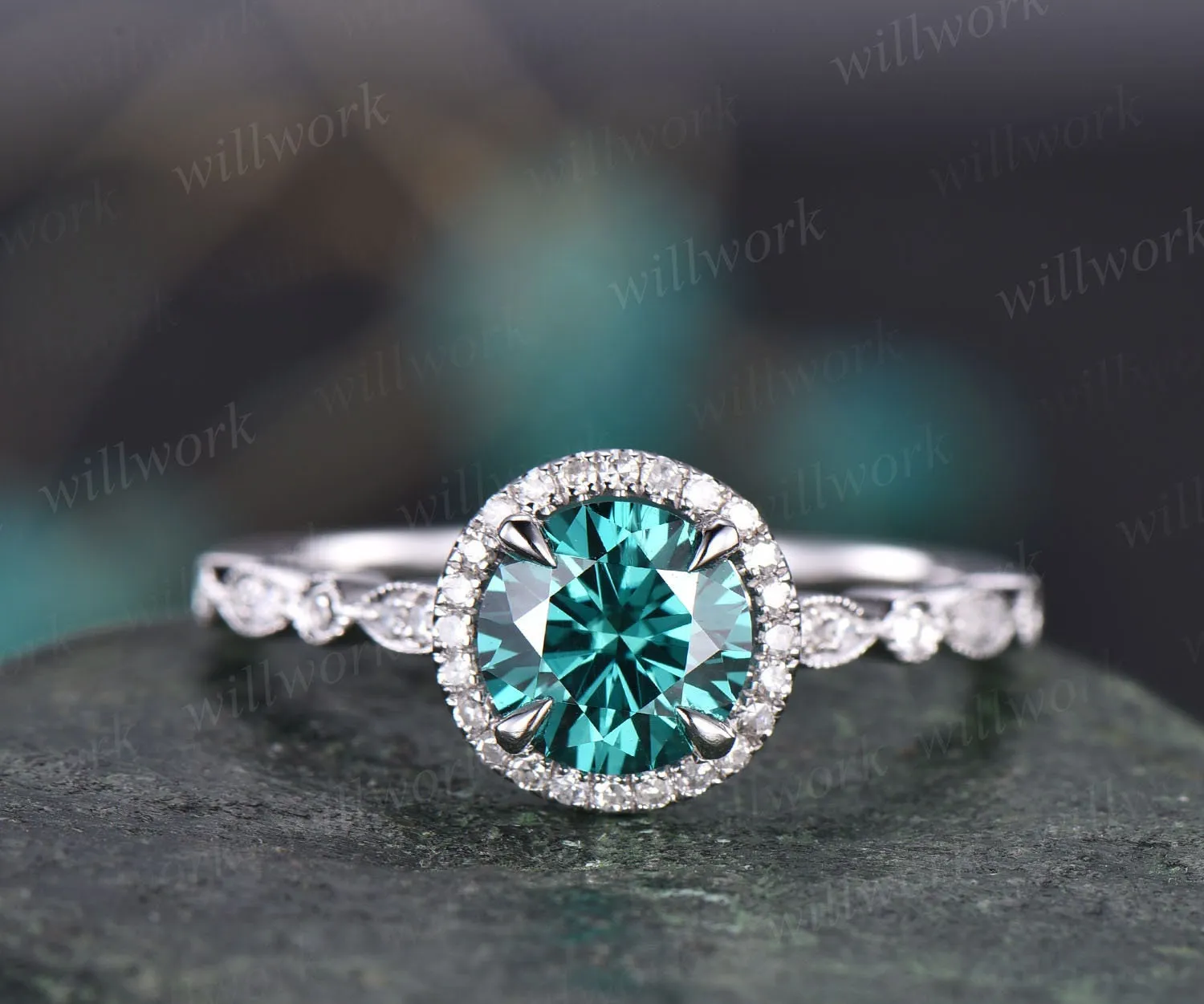 Rose gold ring 1ct Green moissanite engagement ring Colorful moissanite ring art deco diamond ring bridal wedding promise ring unique gift sold by Willwork Jewelry product image thumbnail 5