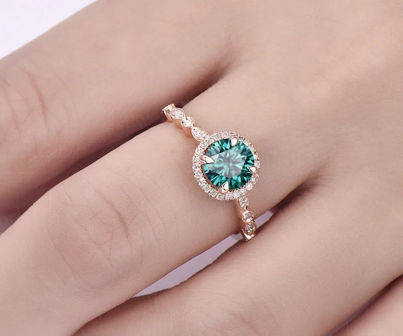 Rose gold ring 1ct Green moissanite engagement ring Colorful moissanite ring art deco diamond ring bridal wedding promise ring unique gift sold by Willwork Jewelry product image thumbnail 2