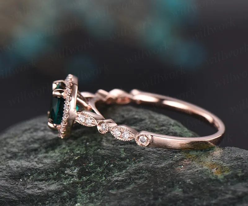 Rose gold ring 1ct Green moissanite engagement ring Colorful moissanite ring art deco diamond ring bridal wedding promise ring unique gift sold by Willwork Jewelry product image thumbnail 4